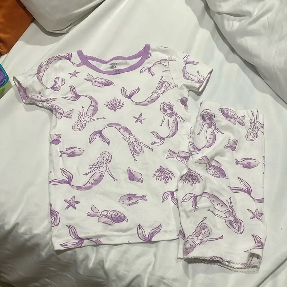 Carters 6 white purple mermaid sea theme short sleeve shorts pajamas 💯 cotton